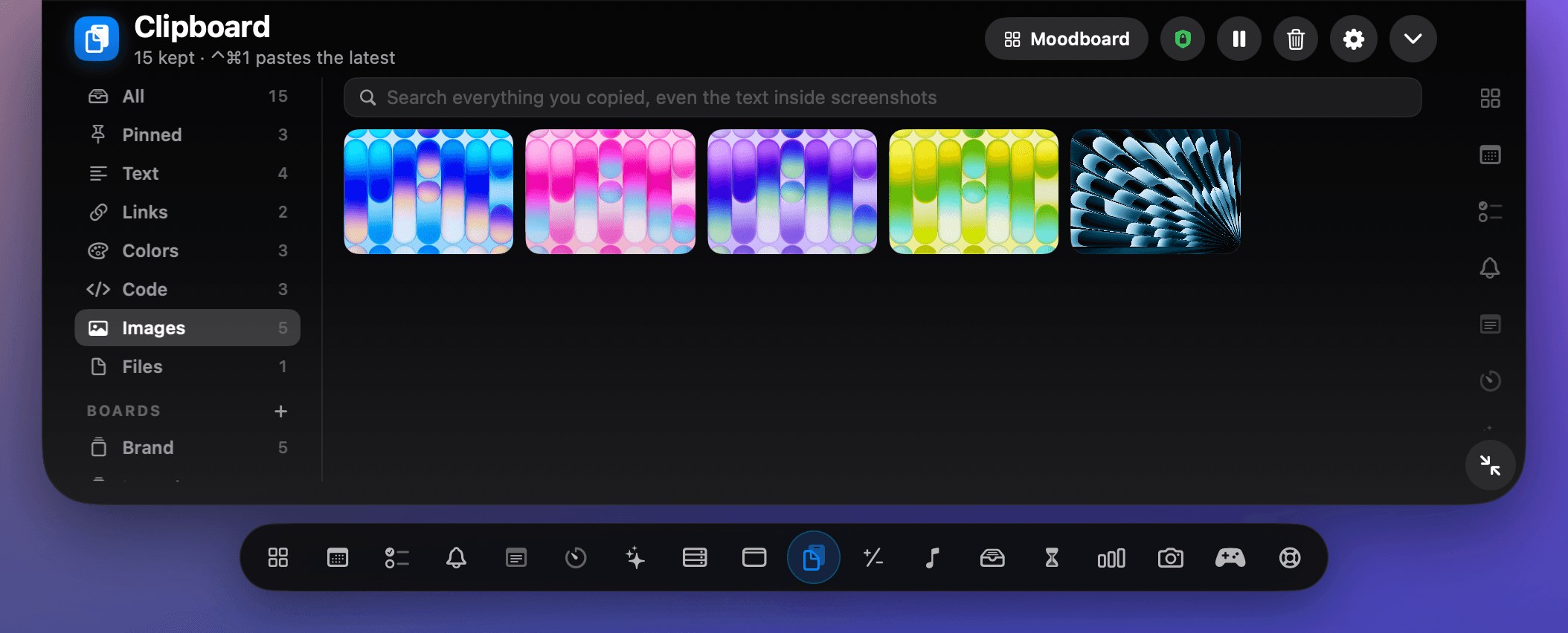 NotchDodo clipboard with shelves for text, links, colors, code, images and files