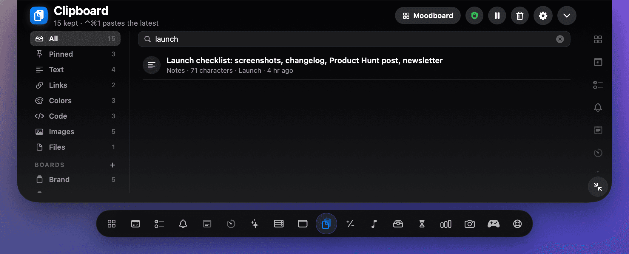 Searching the NotchDodo clipboard history