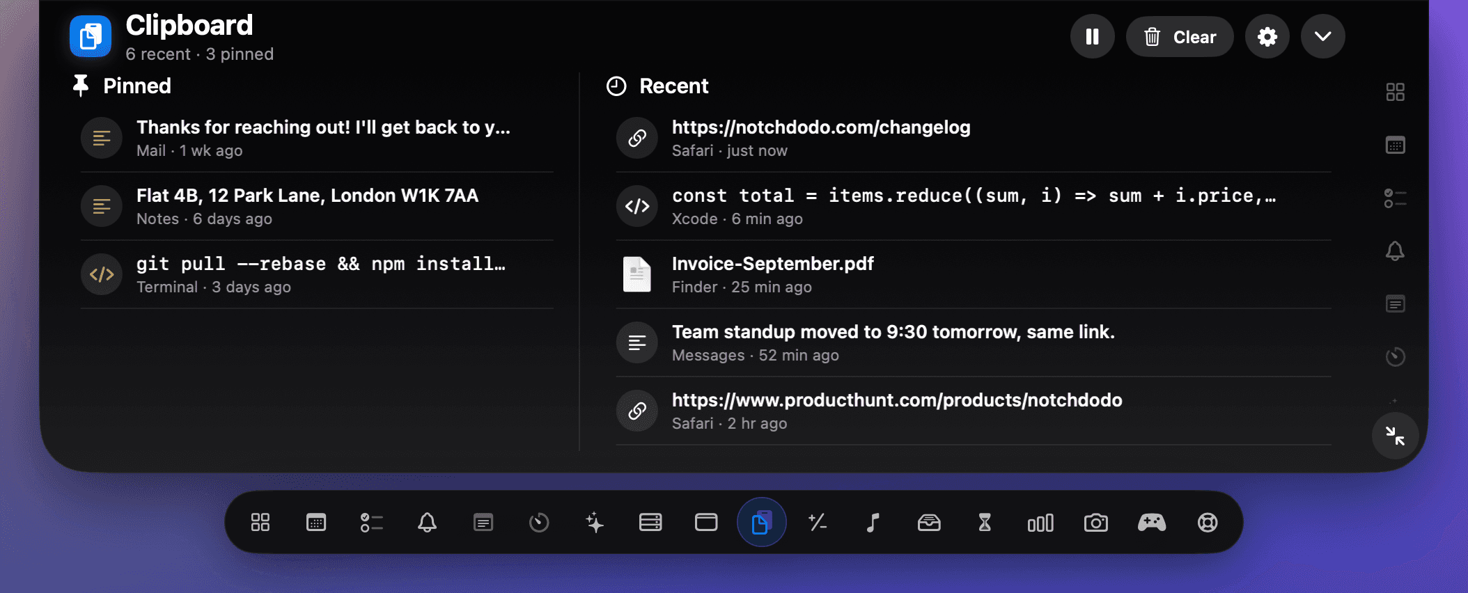 Clipboard in the NotchDodo panel