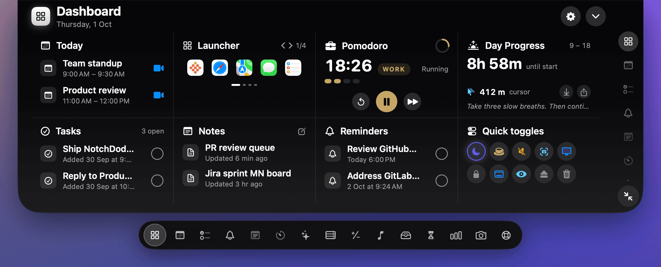 Dashboard in the NotchDodo panel