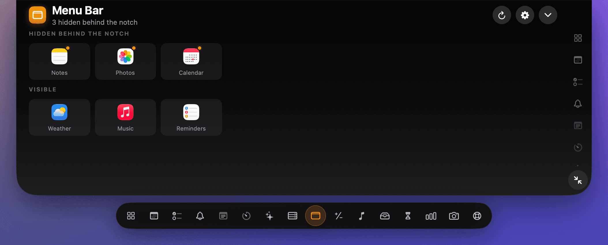 Menu Bar in the NotchDodo panel