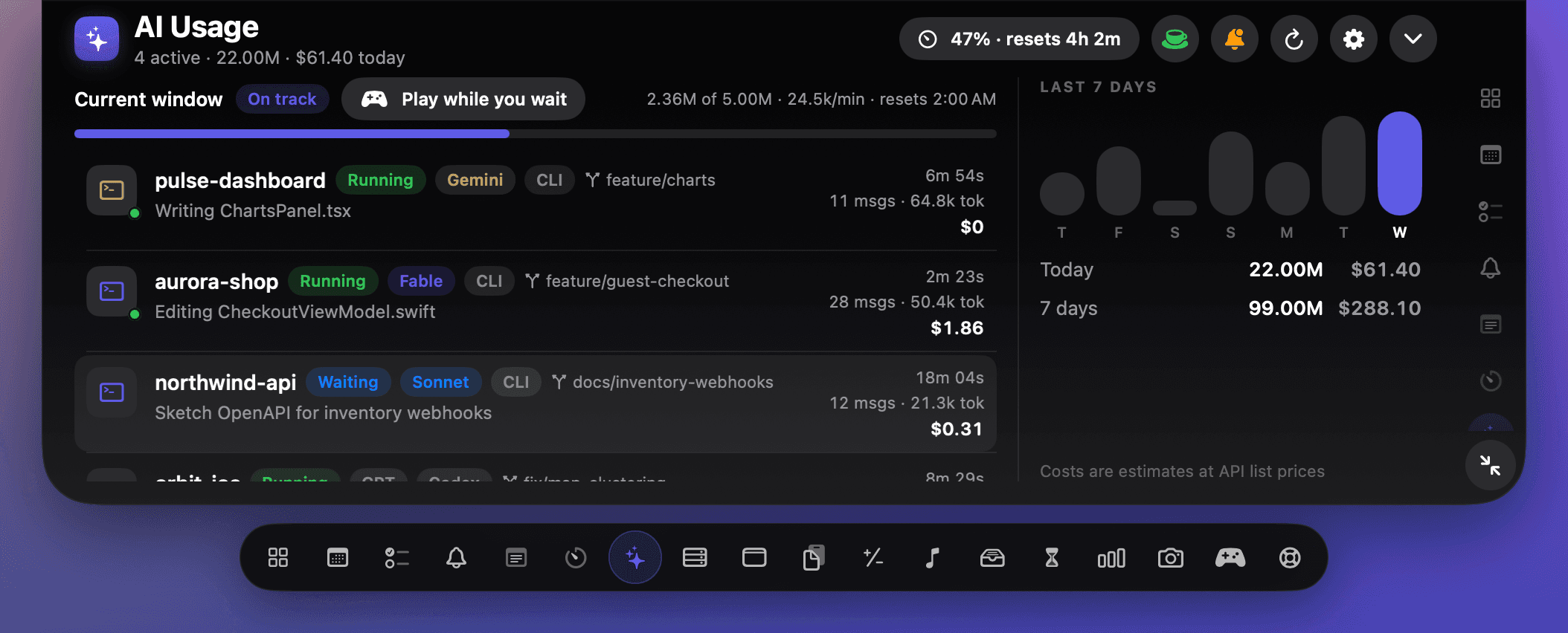 NotchDodo AI Usage with agent sessions and the green keep-awake cup in the header