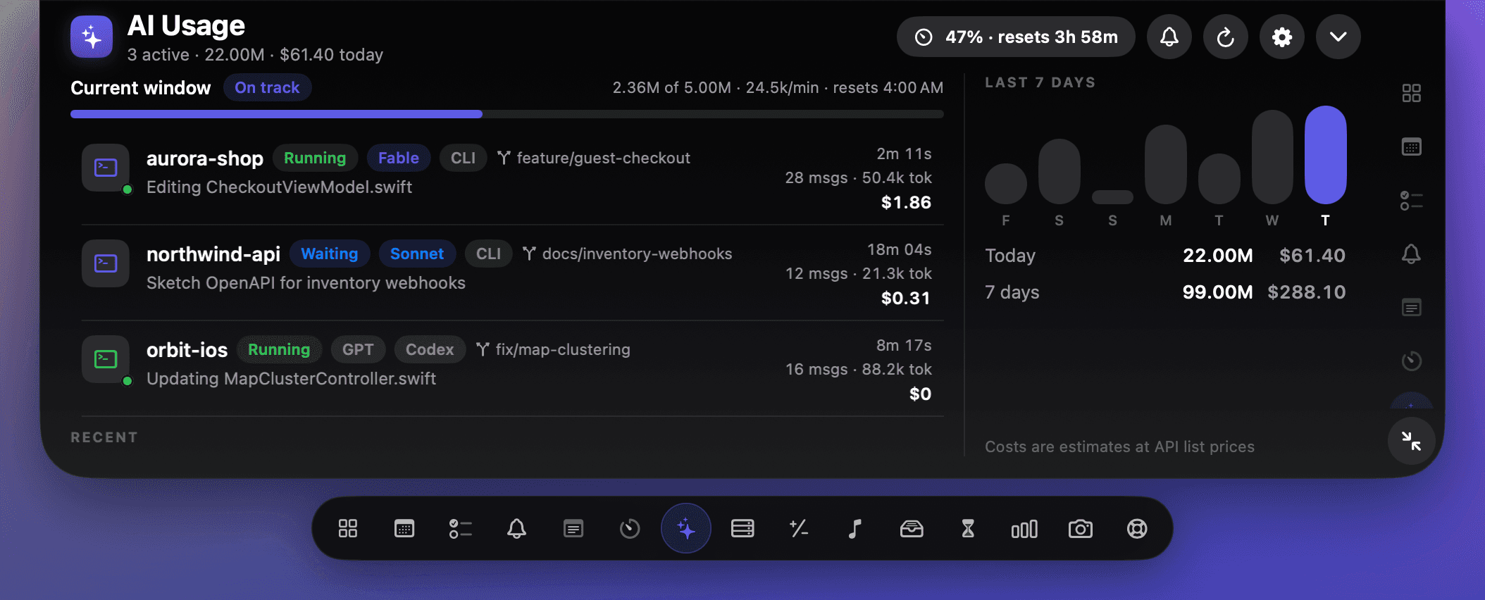 NotchDodo AI Usage panel showing Claude Code sessions, tokens and the 5-hour window