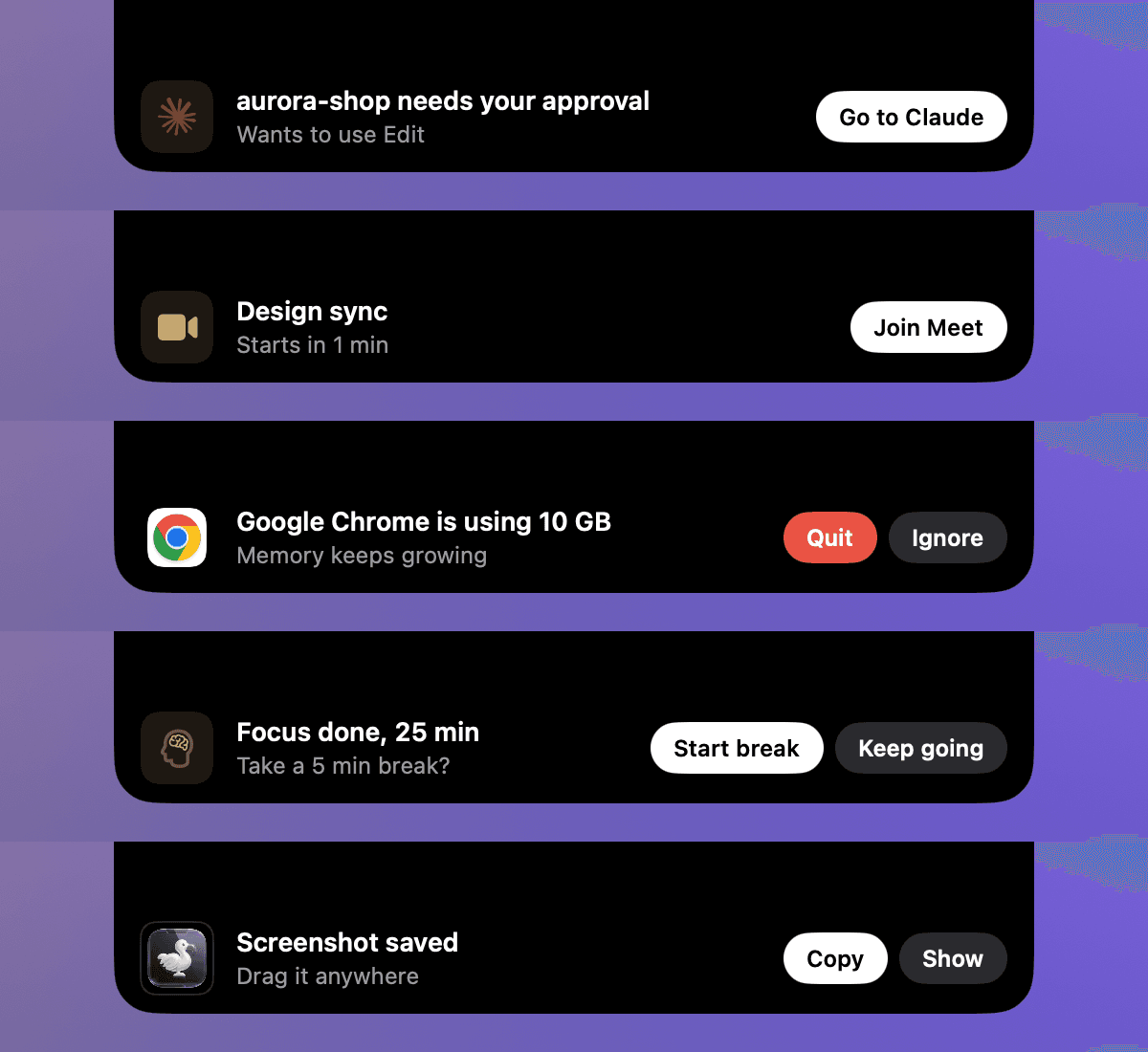 Five NotchDodo notch banners: Claude Code approval, a meeting with Join, a runaway app with Quit, Pomodoro done and a screenshot saved